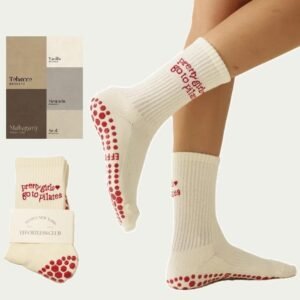 beige pilates grip socks women embroidery grip socks custom pilates socks anti slip (复制)