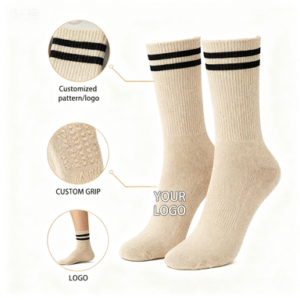 cotton bamboo crew beige pilates socks custom design logo anti slip gym pilates socks custom (复制)